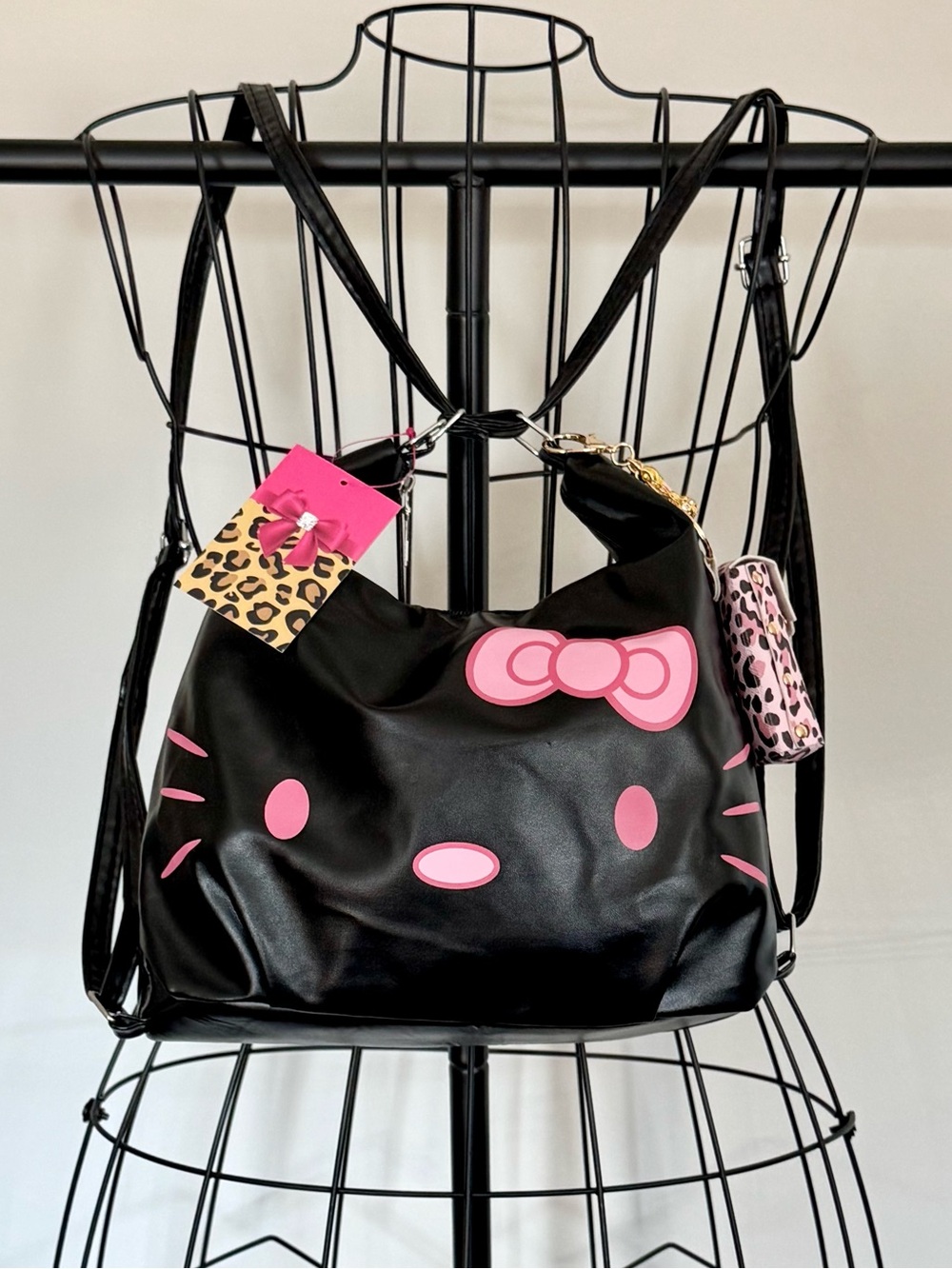 New Hello Kitty Black Faux Leather Purse Mini Backpack w/ Pink Lip Balm Holder